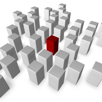 disorder of white cubes and one in red - 3d illustration