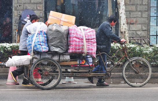 Chinese street in shanghai in snowy day