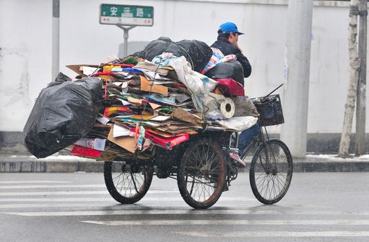 Chinese street in shanghai in snowy day