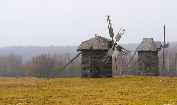 windmill in ukranian village at winter time