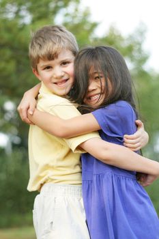 Best friends hugging, multicultural friendships, diversity