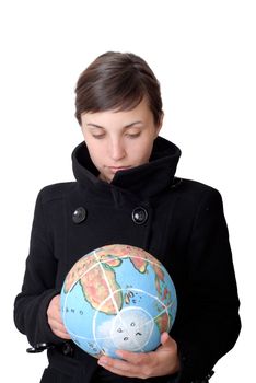 pretty young woman holding the world in her hand