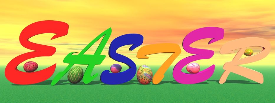 Six colored eggs all around easter letters in the grass and with orange sky