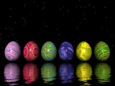 Six colored eggs for easter with their shadow in the water by night with stars