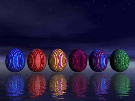 Six colored eggs upon water by a beautiful night with stars