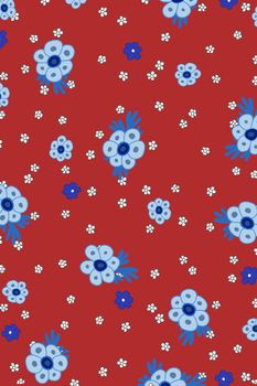 Illustrated blue and white flowers over a red background
