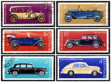 USSR - CIRCA 1973-1976: A stamp printed by USSR. Shows set old Russian cars, USSR. Circa 1973-1976.