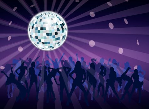 Disco ball in night fever dancing party with people