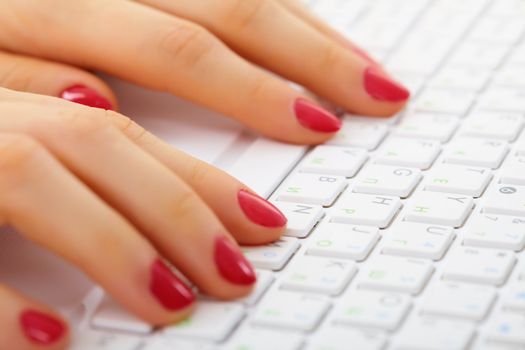 Women's hands on a computer keyboard close up - typing