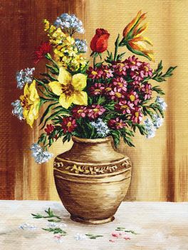Picture oil paints on a canvas: a bouquet of garden flowers in a clay amphora