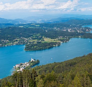 Panorama of Lake Wörthersee, bird's-eye view, Austria, Kärnten