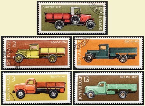 USSR - CIRCA 1973-1976: A stamp printed by USSR. Shows set old Russian truck, USSR. Circa 1973-1976.