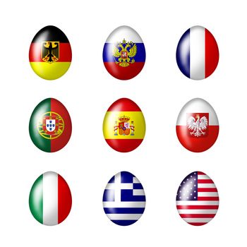 Easter eggs with international flags on a white background 