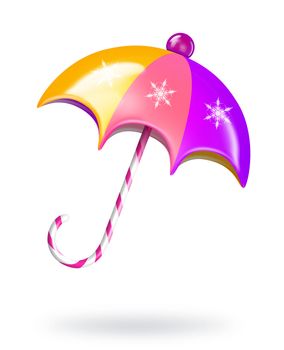 A colorful cartoon Christmas umbrella with candy cane handle.