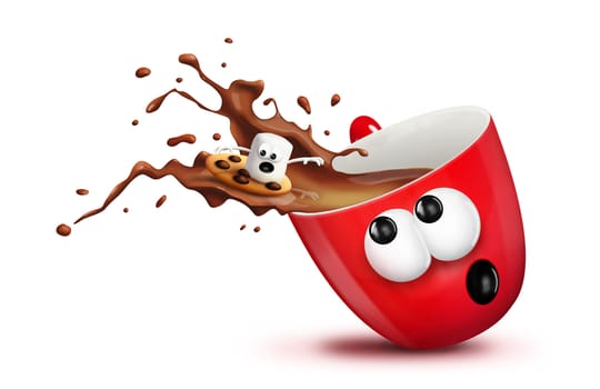 Cartoon Christmas mug spilling hot chocolate with marshmallow surfing it.