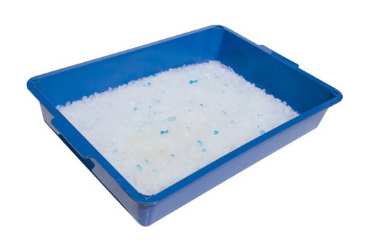 kittens blue litter box full of silicone absorbent substance isolated on white with clipping path