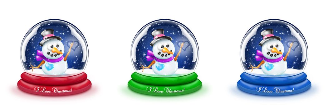 A cartoon Christmas snowman snow globe with three different base colors.