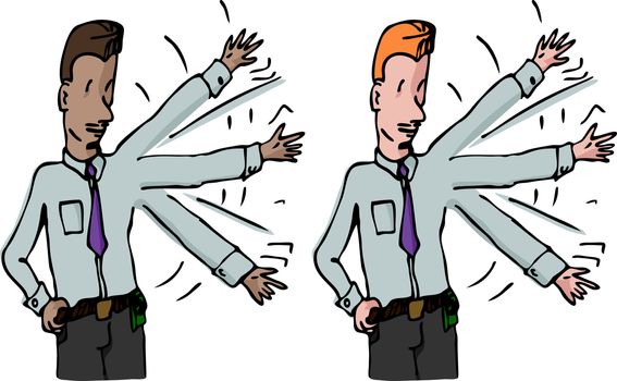 Two variations of a businessman waving his arm up and down for exercise or to get attention.