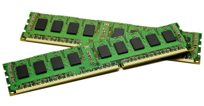 RAM(Random Access Memory) for servers on white background. Copyspace on chips and on green circuit board.