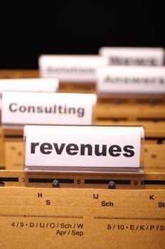 revenue or revenues word on business office folder showing financial success