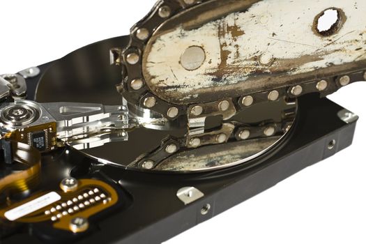 Chain saw over open hard disk drive. symbol for data loss