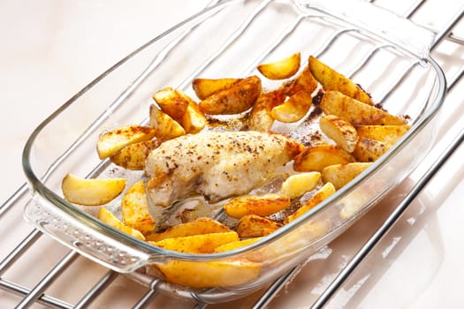 turkey meat on pepper baked with American potatoes
