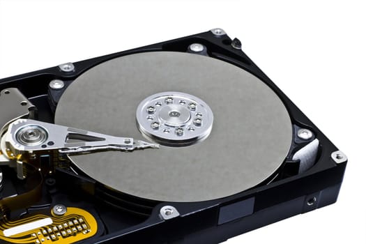 Open hard disk on white background. Picture of a modern S-ATA HDD