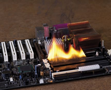 fire on electronic board in rusty background