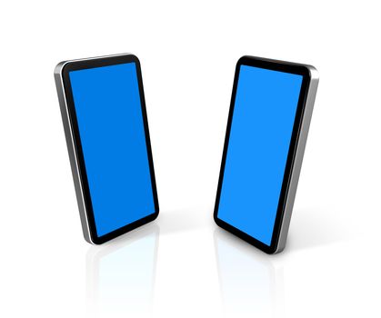 two three dimensional connected mobile phones isolated on white with screens clipping path