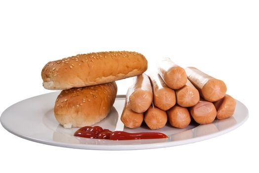 Picture of sausages, bread with ketchup