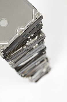 stack of hard drives with copy space and selective focus