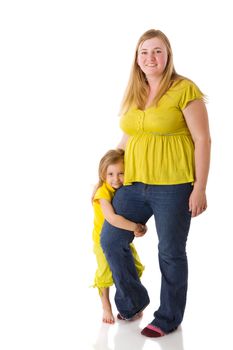 mother and daughter posing together isolated on white