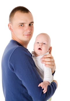 Happy Father holding one month son isolated on white