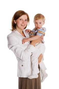 Happy cheerful Mother and son isolated on white