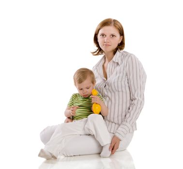 Mother with two years son posing isolated on white