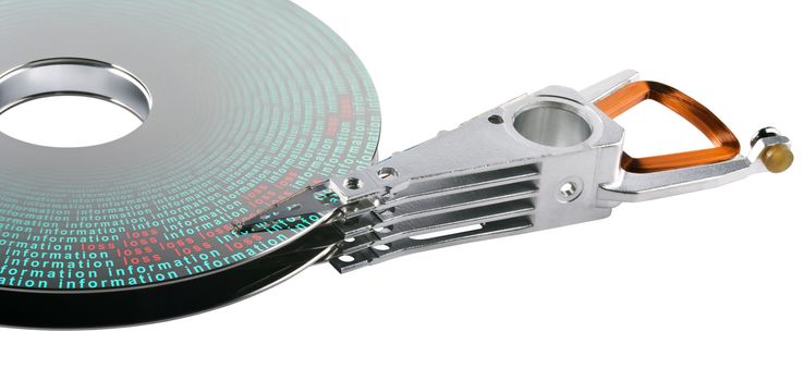 symbolized data on hard disk parts. Read write head laying on data surface