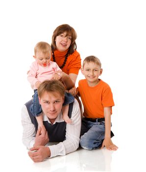 Happy Family with two kids together isolated on white