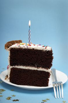 A slice of chocolate cake with a single lit candle.