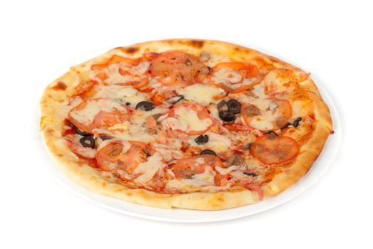 meat pizza closeup with carbonado ham, tomato, olive and mozzarella cheese