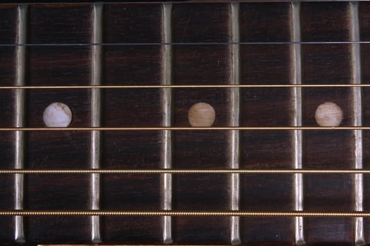 A background of an acoustic guitar fretboard.