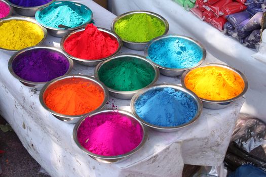 Colored powder traditionally for sale on the occassion of holi festival in India.