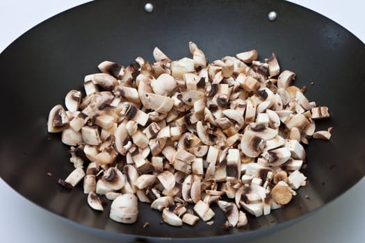 Photo of chopped mushrooms in a frying pan
