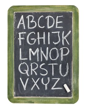 English alphabet - rough handwriting with white chalk on old slate blackboard, isolated on white