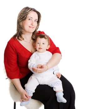 Mother with son sitting on chair isolated on white