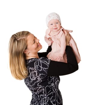 Mother and daughter posing together isolated on white