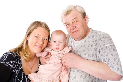 Aged parents with little baby girl isolated on white
