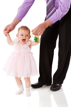 Father with baby girl posing isolated on white