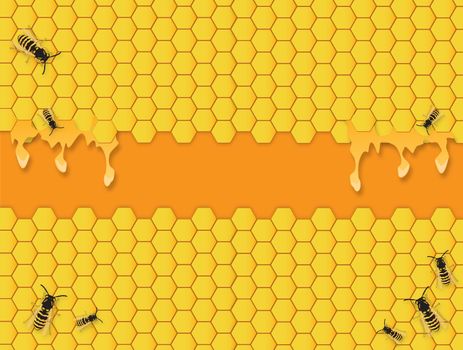 Yellow Bees hive hexagon background with honey