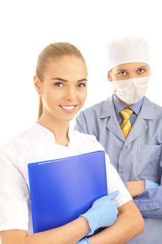 Portrait of a young doctor and his assistant  isolated on white