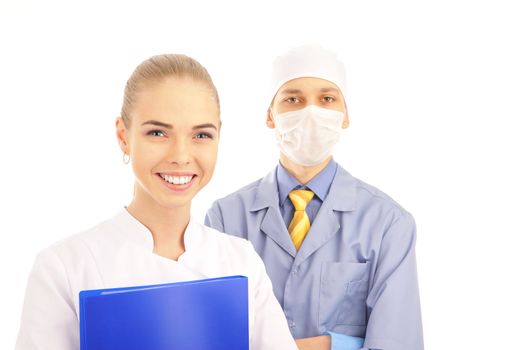 Portrait of a young doctor and his assistant  isolated on white